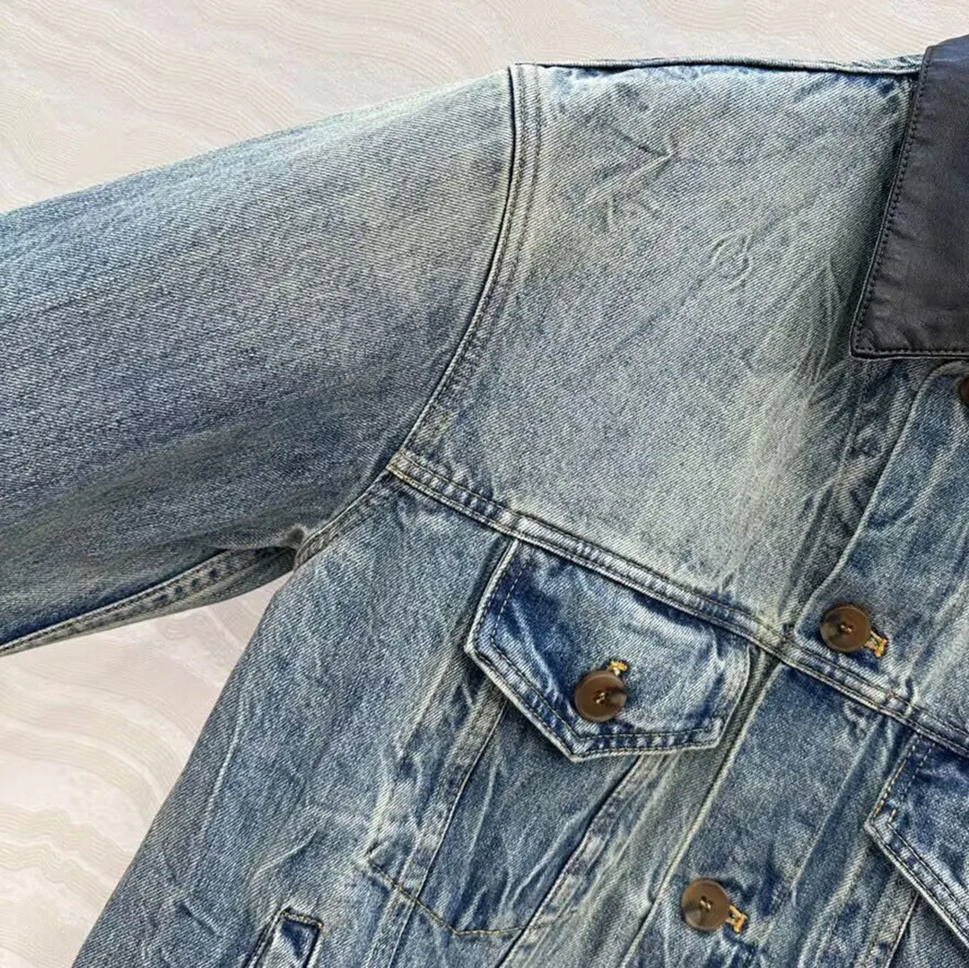 New Autumn Vintage Hot Girl Loose Blue Denim Jacket Women Leather Lapel Long Sleeve Single Breasted Pockets Loose Street Coat