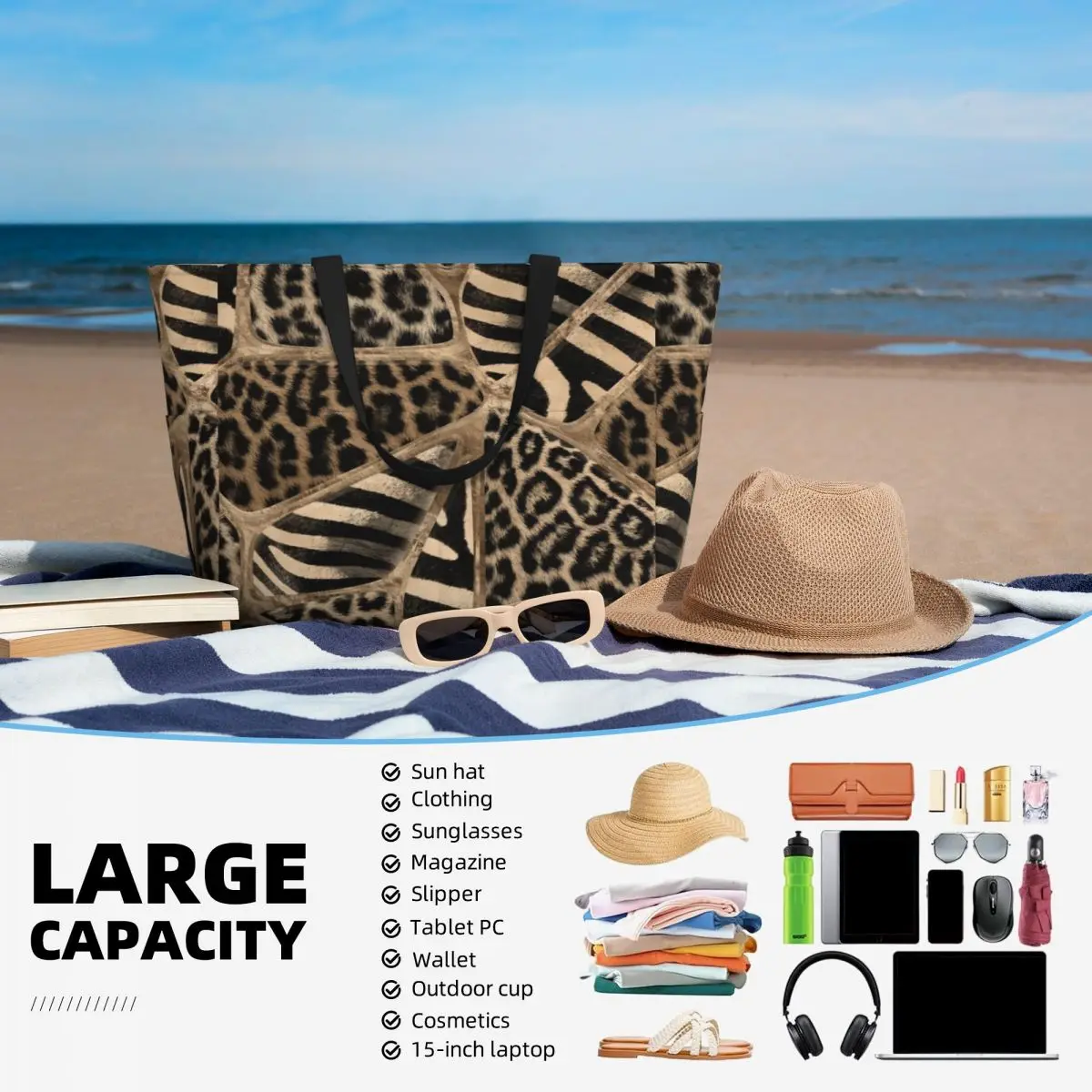 Animal Print - Leopard And Zebra Beach Tote Bag Sport Gym Yoga Duffle Large Tote Bag Women Travel Bag Fitness bag
