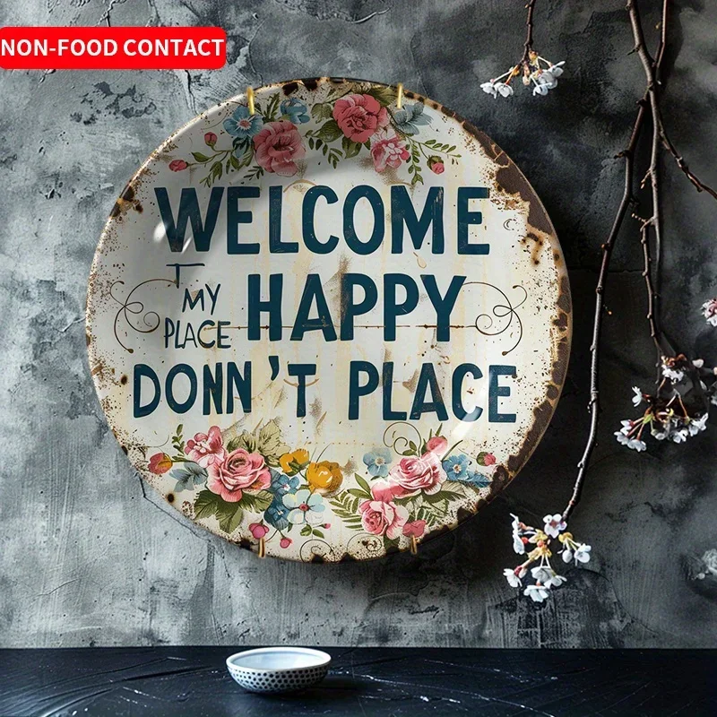 1pc Non-food ContactFloral Welcome Ceramic Wall Plate Home Entryway Decor Non-Food Contact Hanging DecorFor Home, Living Room,