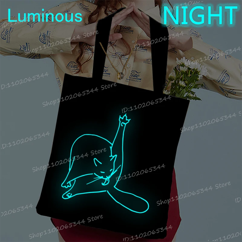 مضحك القط التسوق للمتسوقين أكياس مضيئة نمط Harajuku قابلة لإعادة الاستخدام حقيبة نسائية صغيرة حقيبة يد الإناث قماش فتاة هدية #1