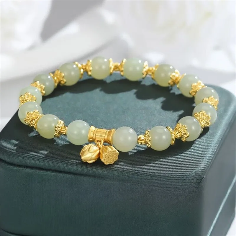 

Natural Jade Beads Bracelet Flower Lotus Bangle Real Jewelry Fashion Gifts for Women Charm Gemstone Vintage Designer Accessories