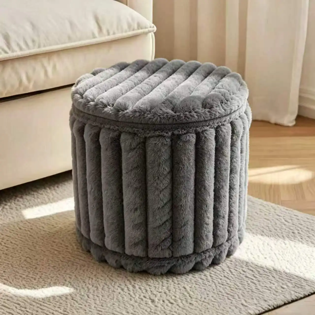 Mori simple style, pink plush storage stool, living room and bedroom, multi-functional storage, lazy and cute seat pier