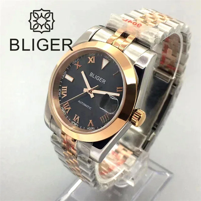 BLIGER Two Tone Rose Gold Jubilee Bracelet Men Watch 36mm/39mm NH35A Automatic Roman Numbers Grey Dial Sapphire Glass