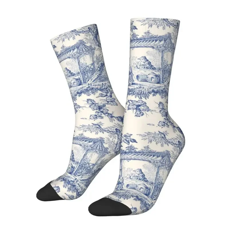 Toile De Jouy Navy Blue Motif Pattern Men Women Crew Socks Unisex Cool 3D Printed Classic French Style Dress Socks