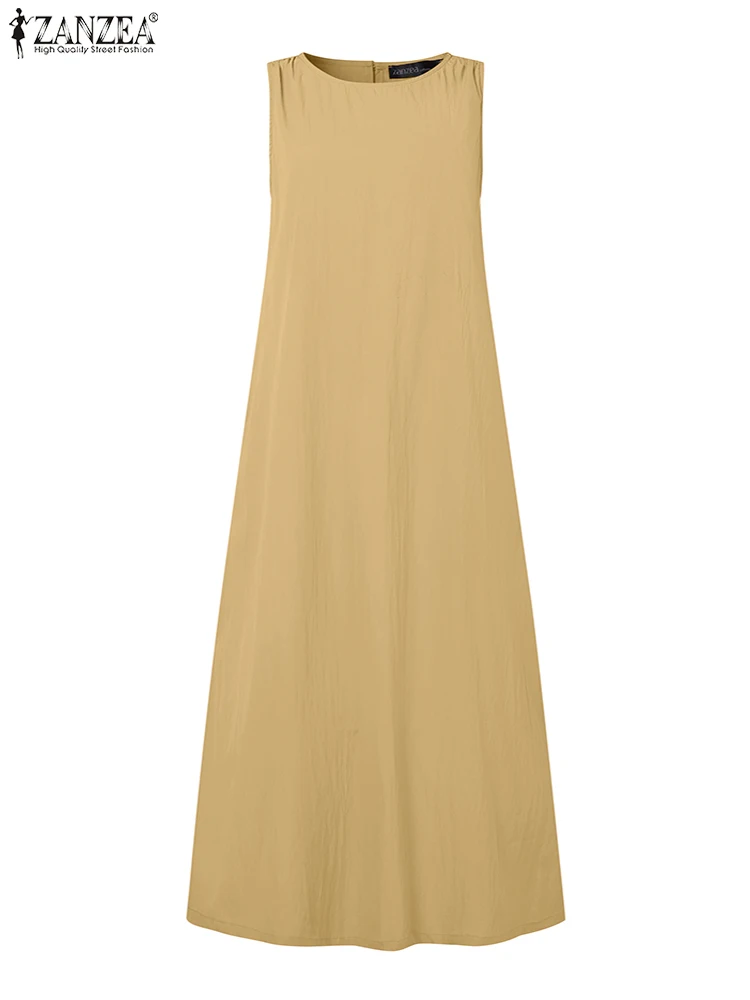 ZANZEA Casual mouwloze A-lijn gewaden Femme effen kleur 2025, zomer O-hals dagkleding zonnejurk alledaagse vrouw losse maxi-jurken
