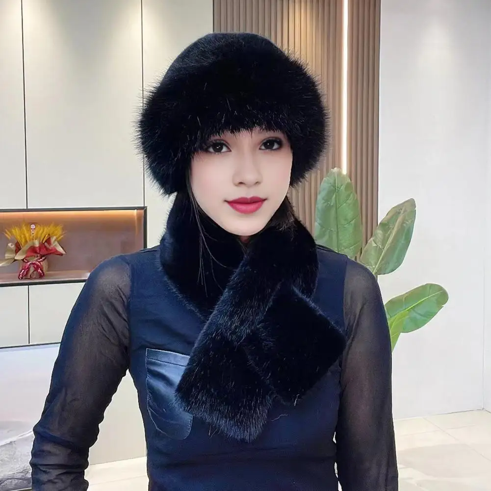 

2025 2 Pcs/Set Women Winter Hat Scarf Set Fuzzy Plush Thickened Windproof Heat Retention Cross Neck Wrap Faux Fur Fisherman Hat