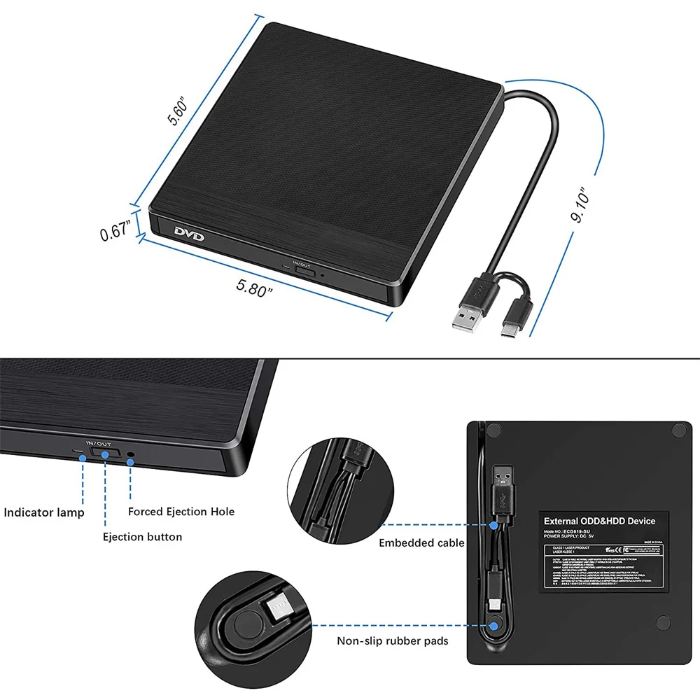 CD DVD esterno USB 3.0 e tipo C CD/DVD +/-RW Unità DVD con lettore di schede SD TF Porta chiavetta USB Laptop Desktop DVD ROM Unità DVD RW