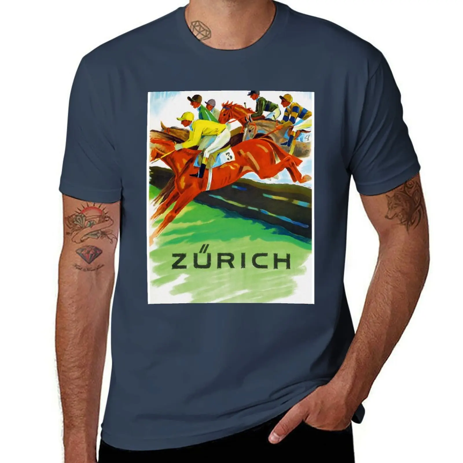 

Vintage Swiss horse racing sport advert Switzerland T-Shirt Basic Tee Shirt for Everyday Outfit