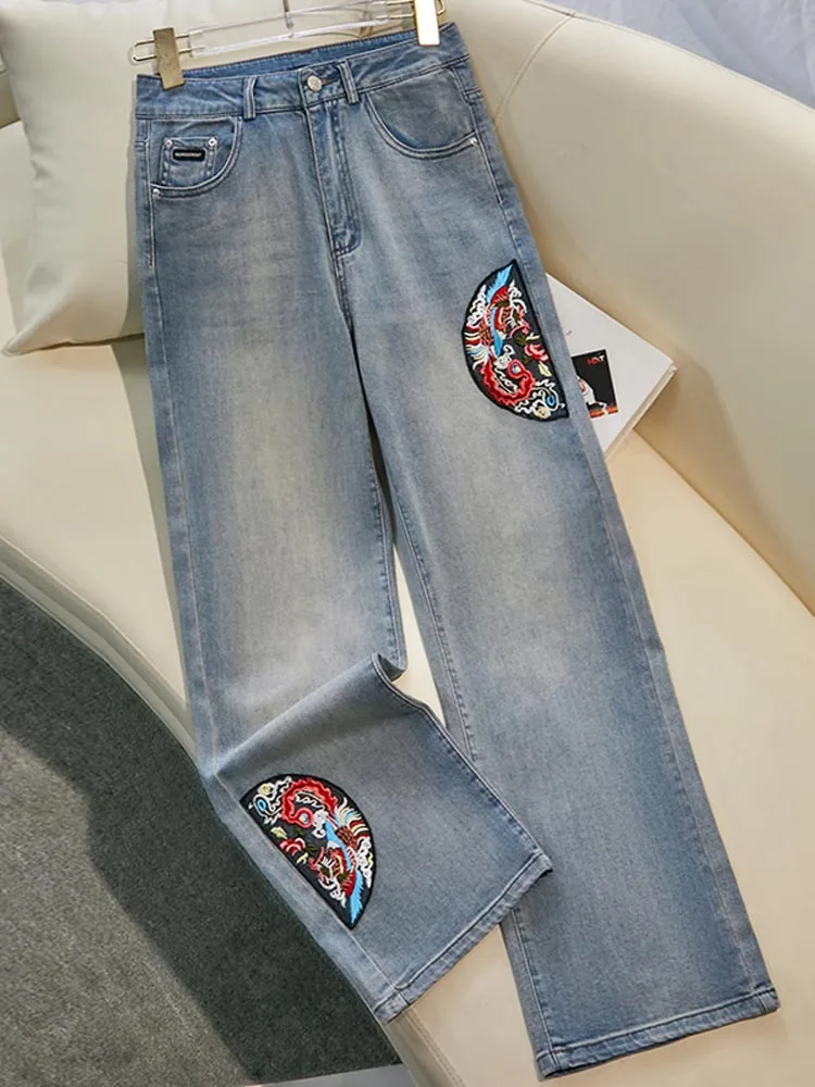 กางเกงยีนส์ทรงตรงเอวสูงสไตล์จีนใหม่สำหรับผู้หญิง ปี 2024 กางเกงขายาวทรงกว้างแฟชั่นฤดูใบไม้ผลิและฤดูร้อน ปักลายอเนกประสงค์