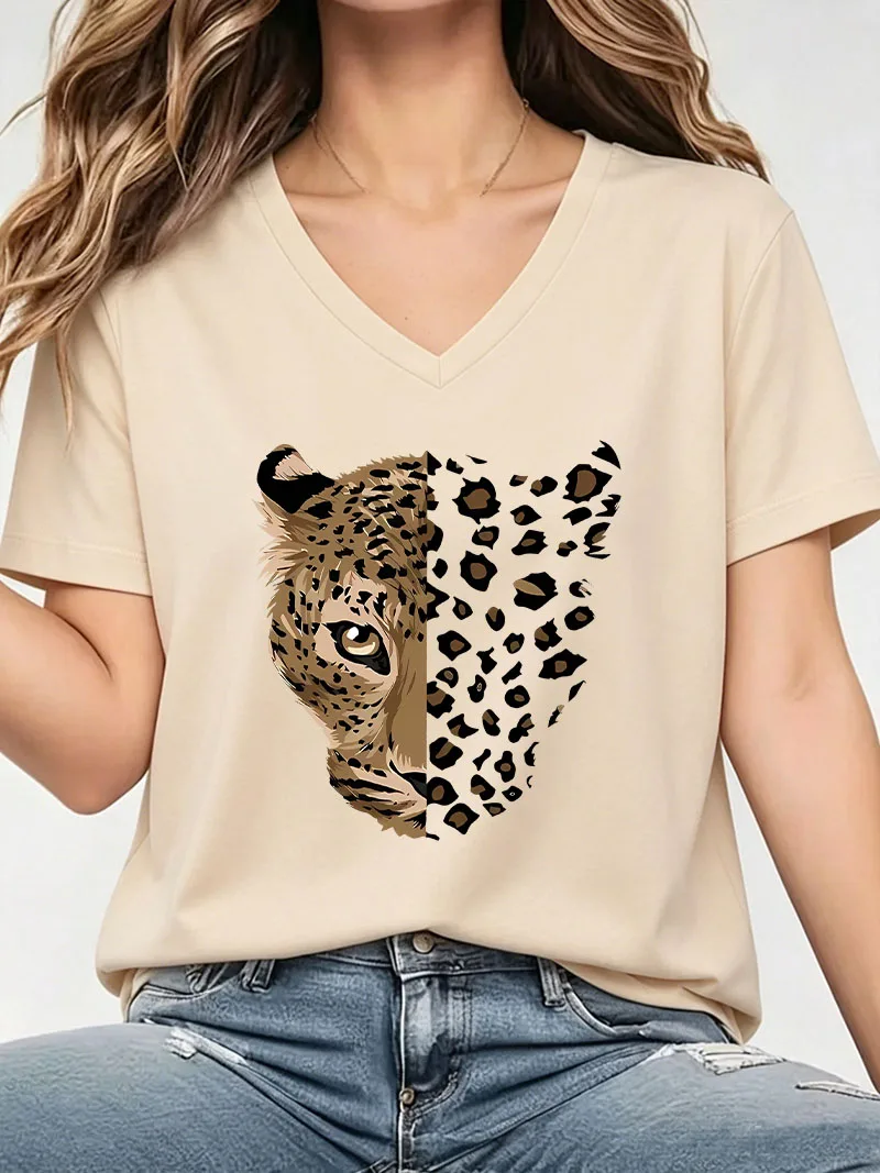 Fashion Streetwear Tiger Print Y2k T-shirt V Neck Casual T Shirts 90s Women Short Sleeve Graphic Tee Shirt V-Neck Summer Spring