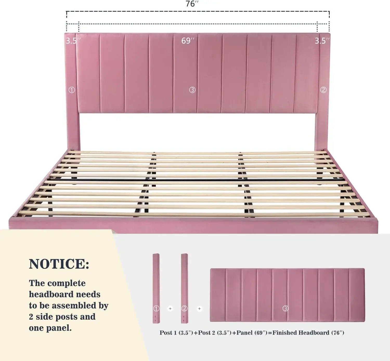 Pink King Velvet Upholstered Bed Frame with Vertical Channel Tufted Headboard/Strong Wooden Slats/Platform Bed Frame