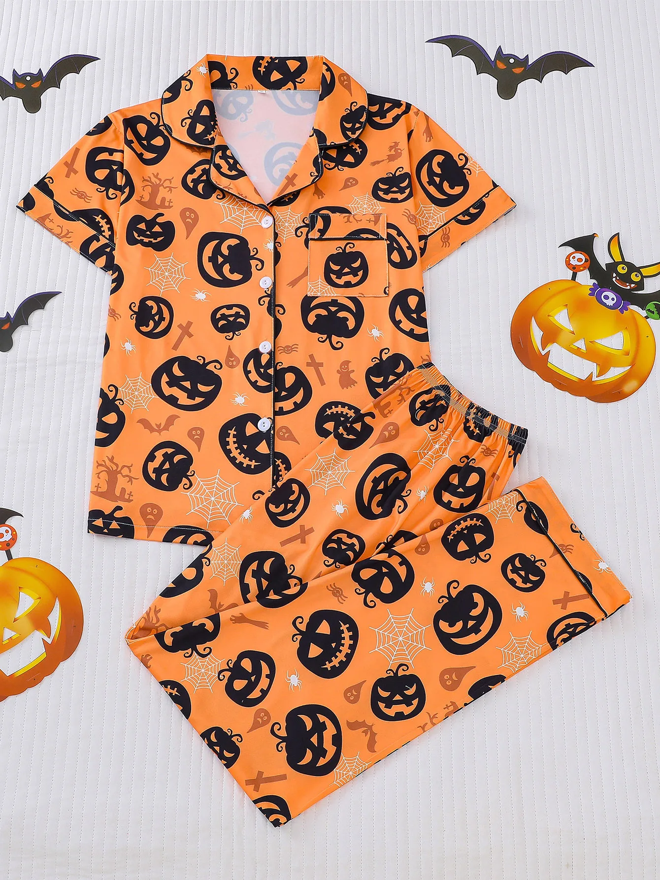 Halloween Pumpkin Collar Short and Long Women\'s Printed Pajama Set Short Sleeve Top and Loose Pants Comfortable Women\'s Pajamas