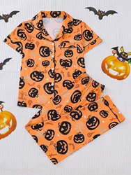 Halloween Pumpkin Collar Short and Long Women's Printed Pajama Set Short Sleeve Top and Loose Pants Comfortable Women's Pajamas