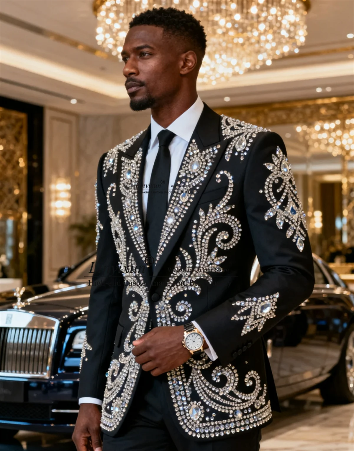 

Stunning Diamond Crystal Men Suits 2 Piece Sets Wedding Groom Tuxedo Slim ropa hombre Customized Male Peaked Lapel Part Blazers