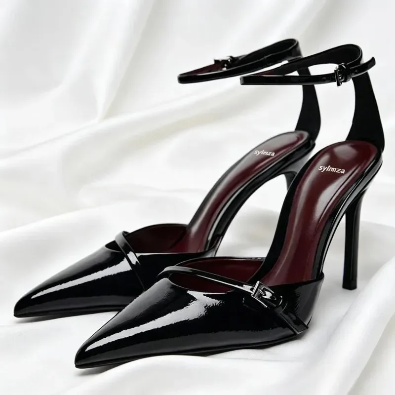 Patent Leather Sexy Thin High Heels Women Ankle Strap Pointed Pumps Dress Shoes Belt Buckle Elegant Brand Office Sandals Women