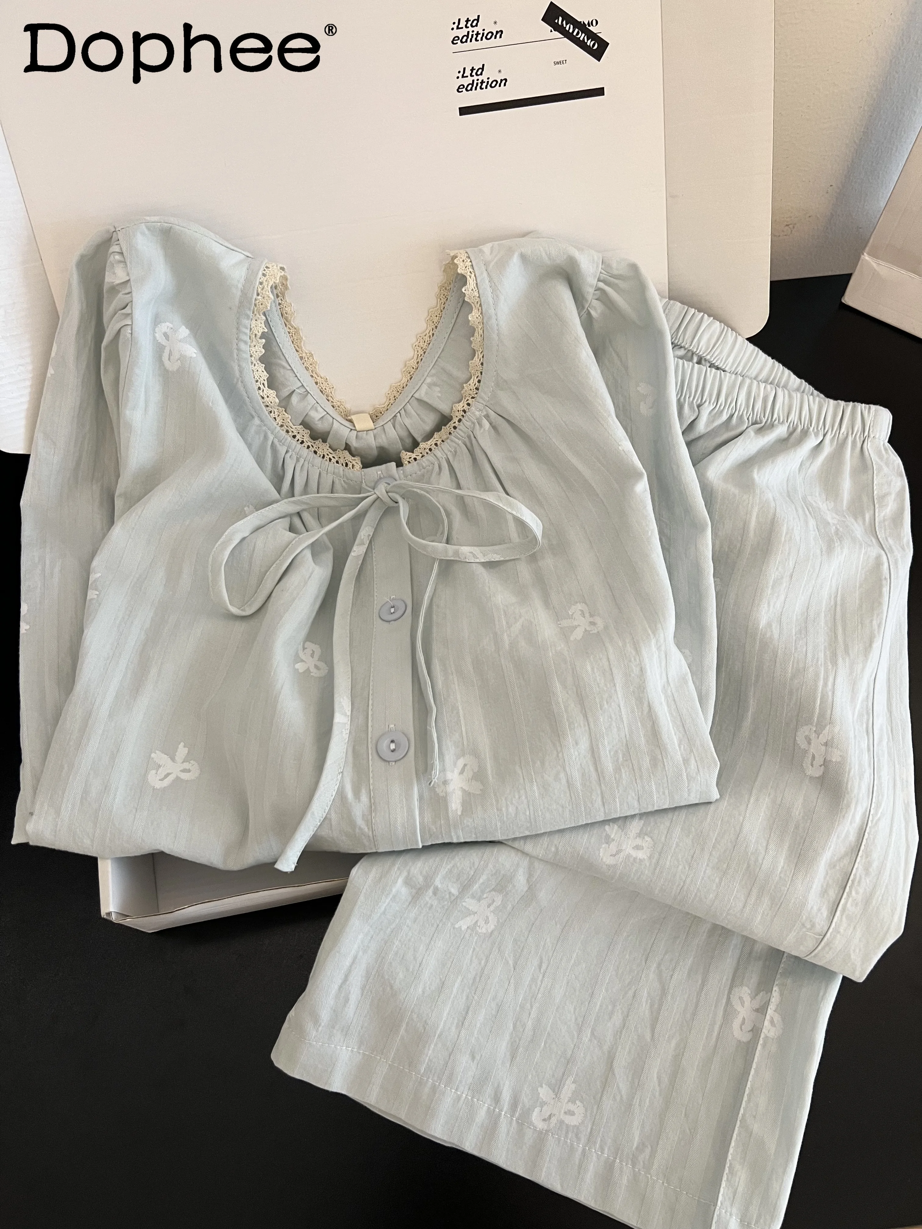 

Нежные милые кружевные пижамы с круглым вырезом и бантом для девочек, женские весенне-осенние новые длинные брюки с длинными рукавами, комплект домашней одежды