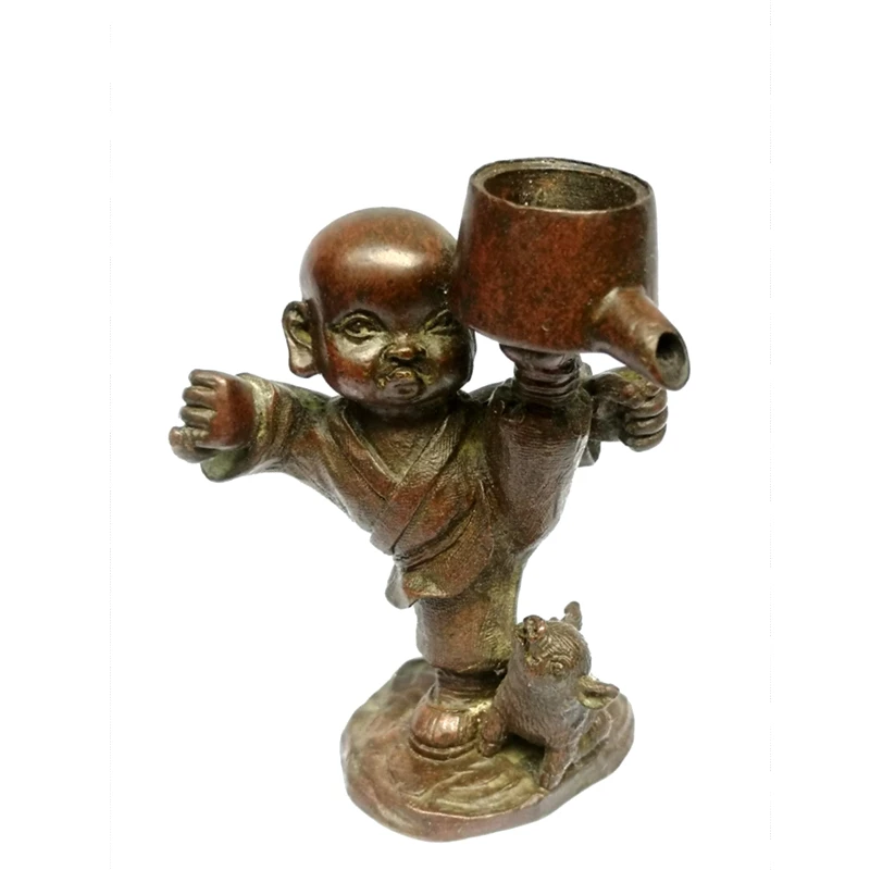 YIZHU CULTUER ART Size 8 × 5.7 cm Old Bronze Carving Boy Buddha Statue Back in Sweet Base Home Decoration