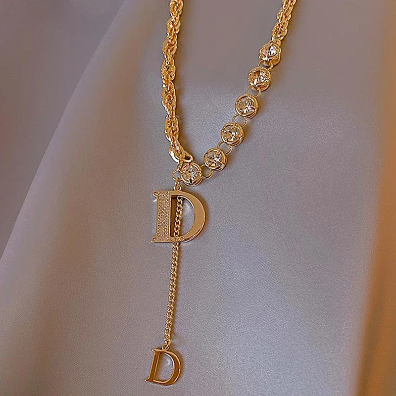 Micro Setting Zircon D Letter Pendant Long Necklace Winter Sweater Chain Fashion Jewelry For Woman Girls Party Gift image 3