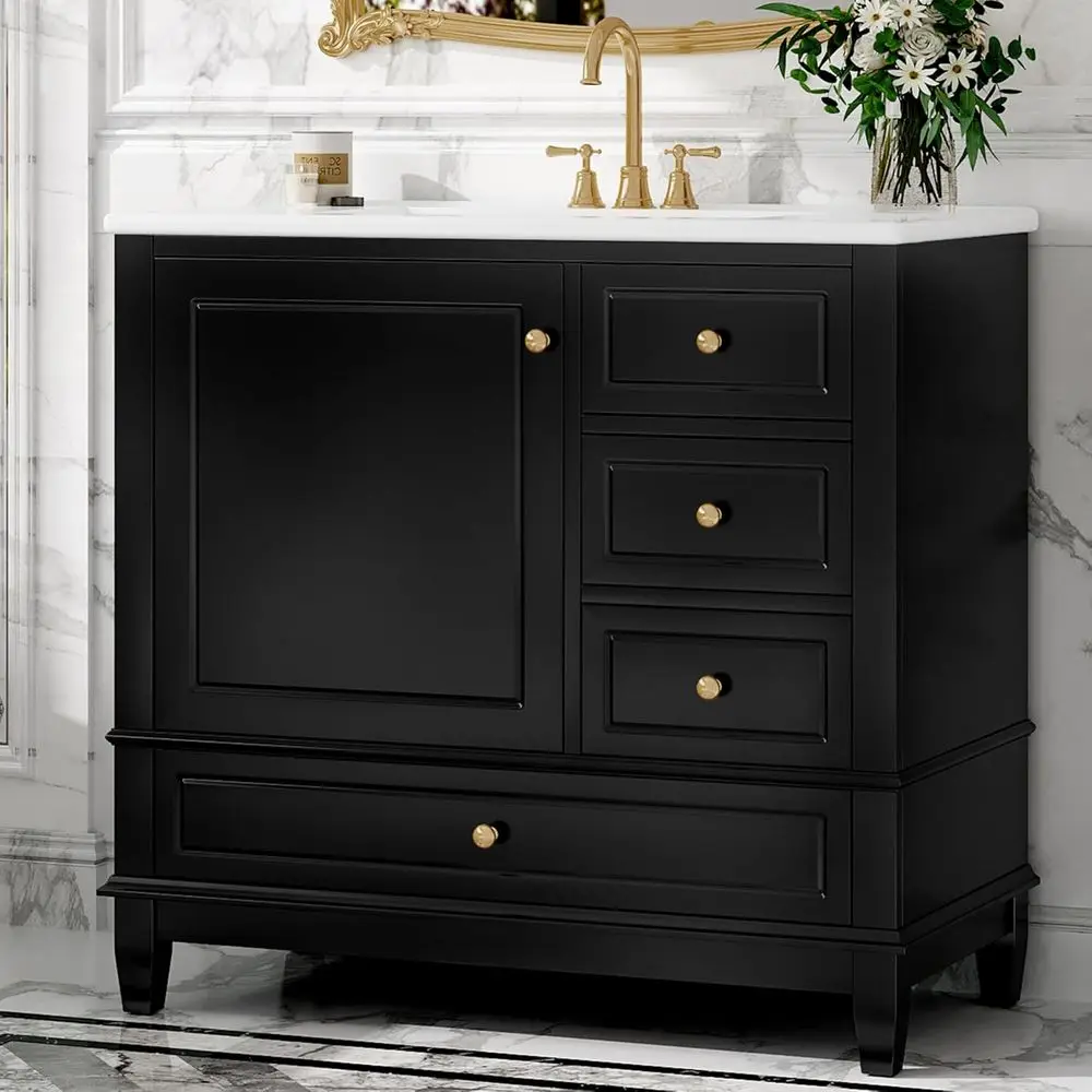 

White 36 Freestanding Bathroom Vanity with Ceramic Sink, 3 Drawers, Bottom Shelf, Black Cabinet