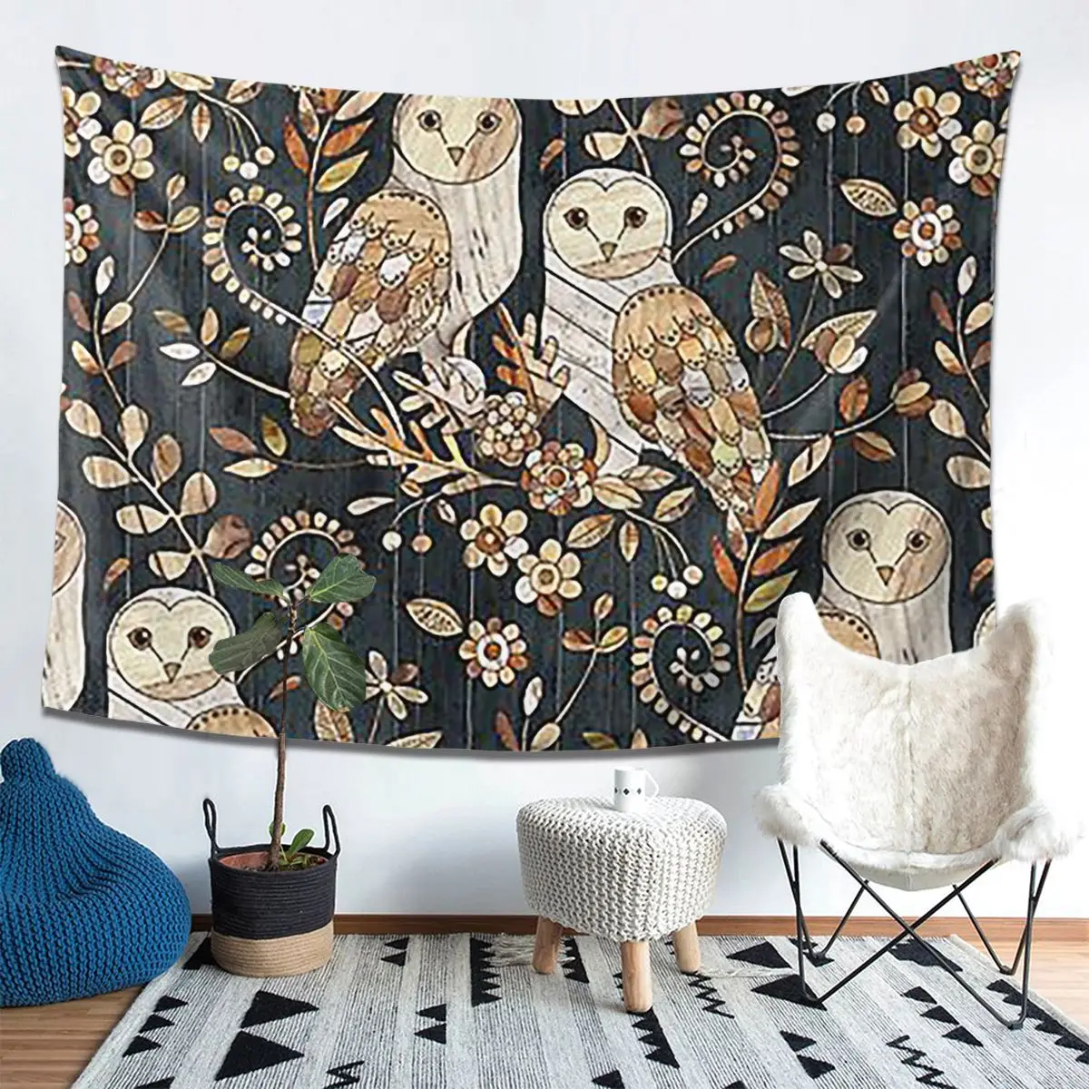 

Wooden Wonderland Barn Owl Collag Tapestry Decor Art Aesthetic Tapestries for Living Room Bedroom Home Wall Cloth Wall Hanging