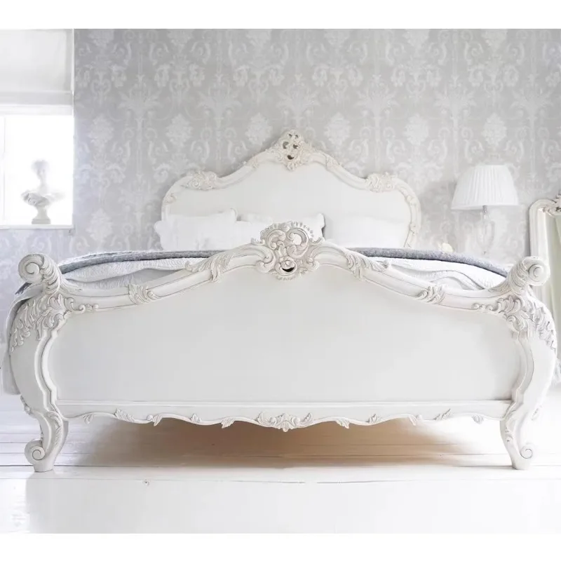 American rural antique white solid wood carving double bed French retro carving 1.5/1 meters princess bed furniture