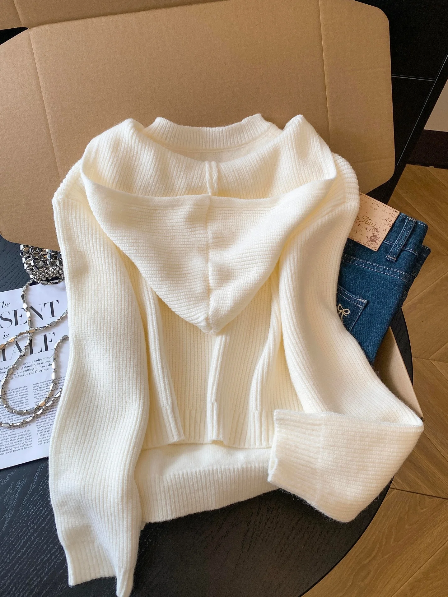 

Теплый вязаный кардиган-свитер для женщин, осенне-зимний комплект из двух предметов с капюшоном и открытым передом...