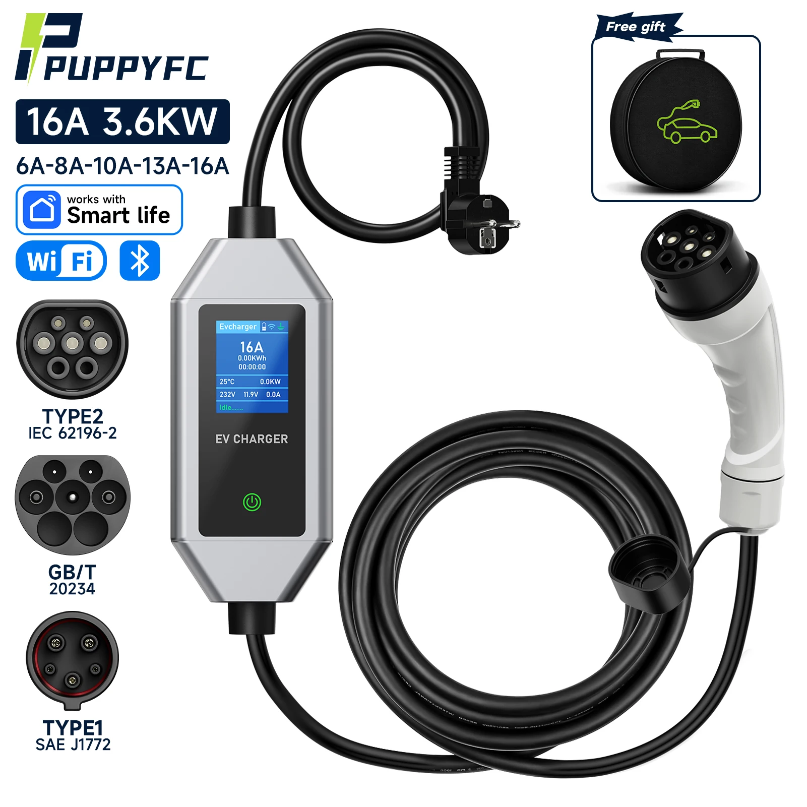

Puppyfc 3.6KW 16A Portable EV Charger Type2/Type1 Fast Electric Car Charging GBT Cable with APP/WiFi Waterproof Lightweight