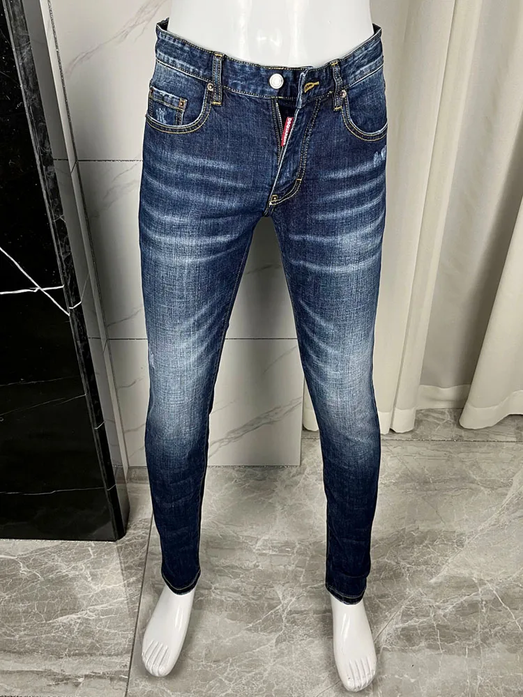 Jeans Elásticos de Diseño Deep Blue para Hombre, Corte Slim Fit, Pantalones Largos D2, Moda Urbana Casual Juvenil, Primavera,...