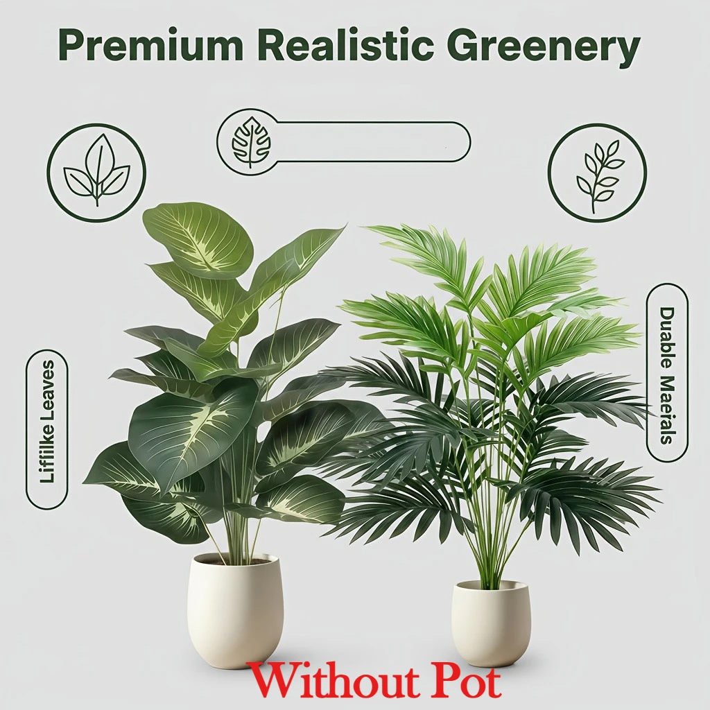 2pcs plastic Artificial 12 Leaves Palm Tree and Evergreen Combination Plants Set for Offices Hotels Home Balconies Living Room