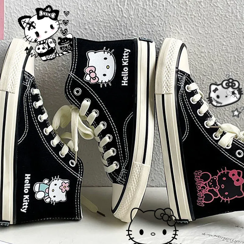 High Top Canvas Shoes Hello Kitty Kawaii Student Cartoon Graffiti Flat Follow Sneakers College Versatile Fashion Clothes Gifts