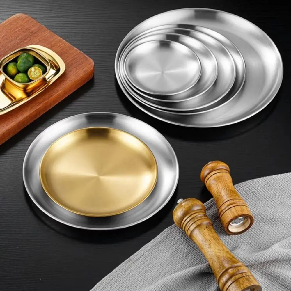 

Reusable Picnic Dinner Plate 14/17/20/23/26cm Round Shape Dining Tray Stainless Steel Rust-Resistant Dessert Plate Picnic