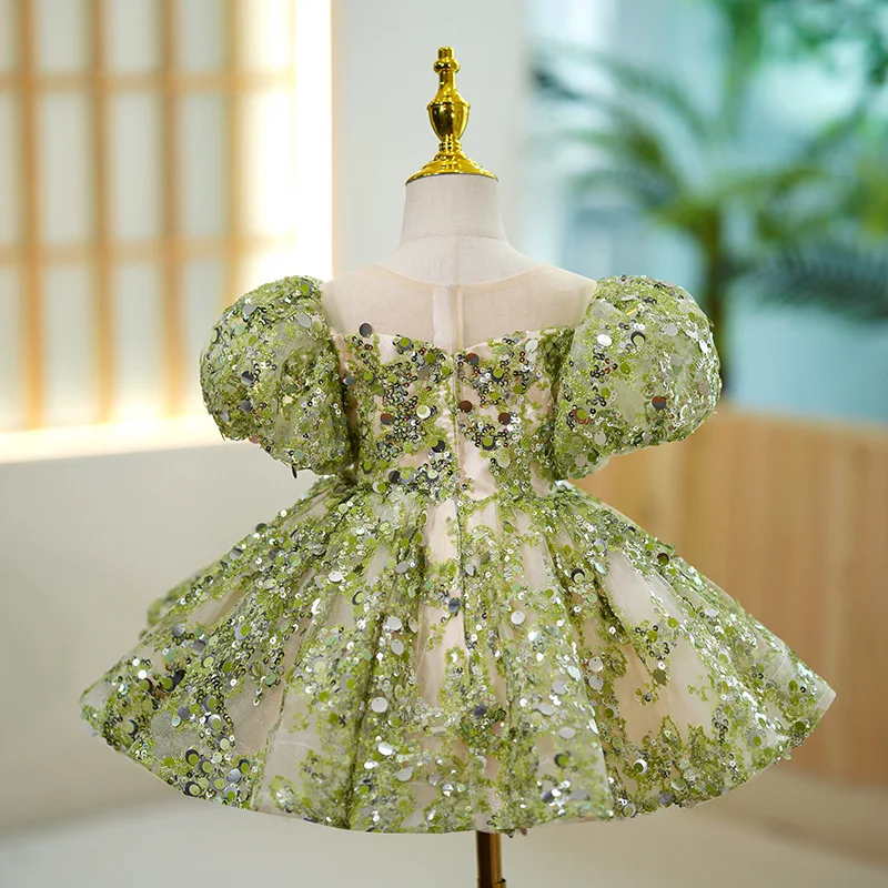 2023 GIrls Sparkling Sequin Design Princess Ball Gown Elegant Kids Puff Sleeve Birthday Party Evening Boutique Dresses y926