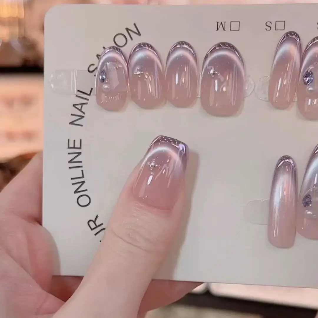 10 pezzi fatti a mano stampa sulle unghie viola delicato perla di vetro occhio di gatto francese unghie finte per donne e ragazze staccabile indossabile unghie finte