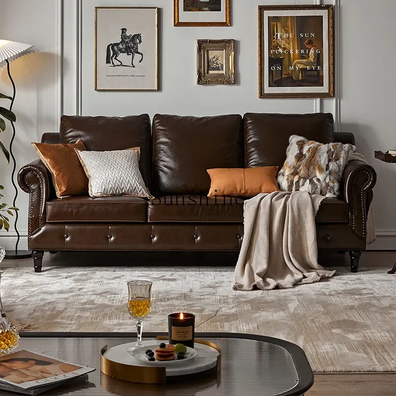 

Solid wood furniture living room simple leather brown sofa