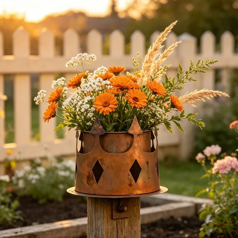 Iron Garden Stake Plant Flower Pot Holder, Outdoor Decors Raised Crown Vessel with Aged-Look Finish for Garden, 87HA