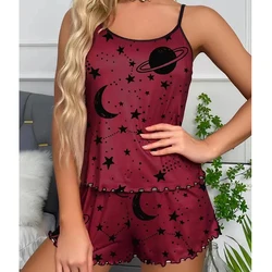 2 PCS Women Pajamas Sleepwear Pajama Set Short-Sleeved Shorts Suit S M L Red Star And Moon Print Cute Ventilate Comfort Fashion