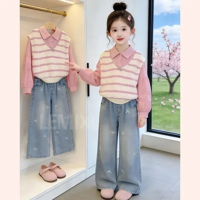 Girls' Spring and Autumn Set New Korean Edition Middle and Large Children's Knitted Vest Shirt Blue Jeans 3-Piece Set 120-170CM