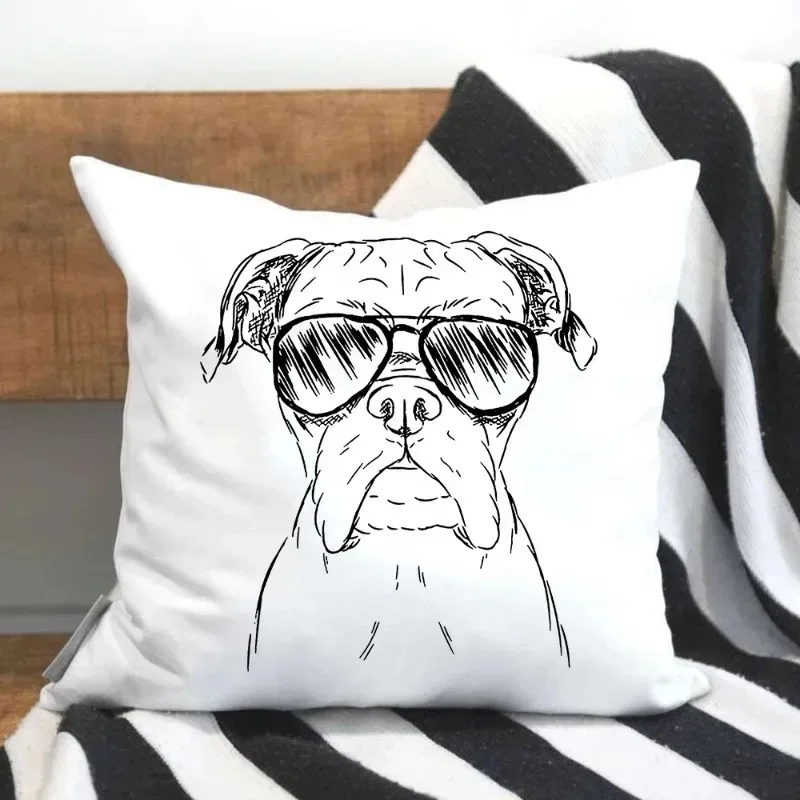 Glasses Dog Pattern Cushion Pillowcase Printed Funny Bulldog Sketch Home Sofa Office Chair Decor