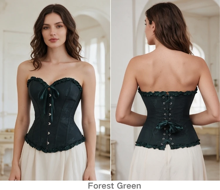 Damen Vintage Jacquard Korsett-Top, trägerlos, mit Rüschen vorne, Busk-Rücken, Schnürung, 20 Farben, für Feiertage, Partys und Abendgarderobe – Detail 14