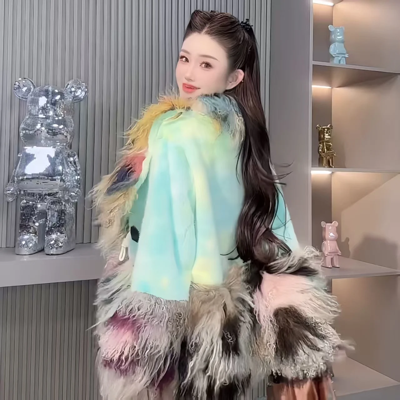 Manteau en fausse fourrure de mouton de mongolie pour femmes, veste à boutons couverts, vêtements féminins, col rond, épissé, épais et chaud, automne et hiver, 2025