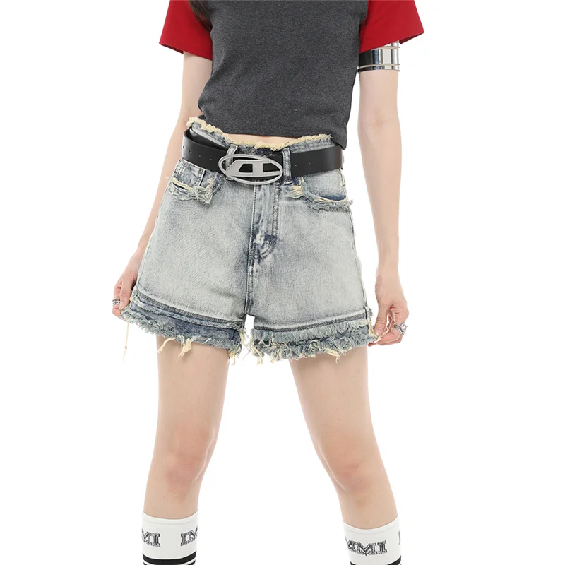 

Blue Women's Straight Shorts Jeans Hot Pants High Waist Europe America Street Summer Vintage Chic Design Denim Wide Leg Shorts