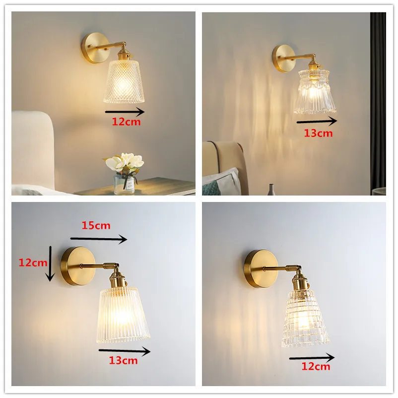 Retro Brass Wall Lamp Modern Nordic Small Glass Shade Bedside Lamp Simple Bathroom Mirror Front Light Copper With Switch Sconce