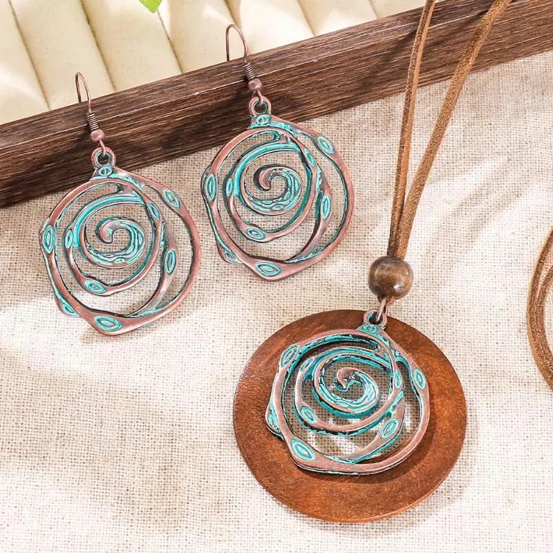 Bohemian Patina Green Earrings Wooden Pendant Necklace Earring Set Ethnic Style Jewelry Vacation Matching Ornament Gifts