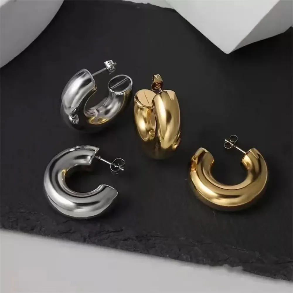 Stainless Stee Oversize Chunky Round Circle Clip Earring for Women Gold Plated C Shape Ear Cuff Stud Tube Thick Earclips Jewelry