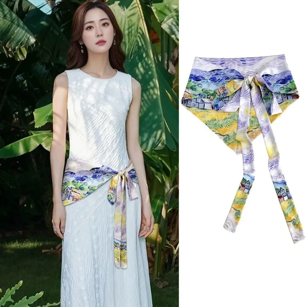 Landscape Print Irregular Scarf Belt Satin Self Tie Bow Waist Sash Scarf Multifunctional Unisex Silk Scarf Belt Spring Autumn