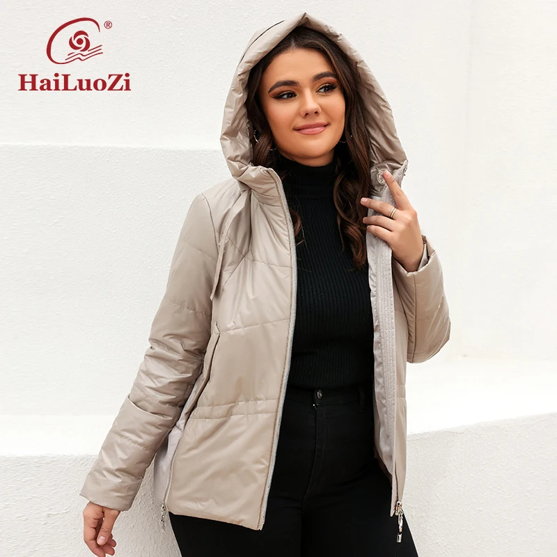 Jaket Wanita Musim Semi Musim Gugur Hailozi Ritsleting Samping Mode Kasual Mantel Ukuran Plus Jaket Berlapis Pendek Pakaian Hangat Bertudung 7050