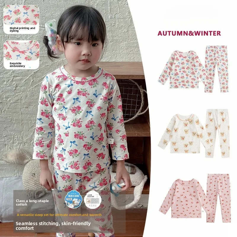 Baby Long Johns Set New Autumn and Winter Style Children's Class A Boneless Printed Home Wear Versatile and Cute Girls' Pajamas