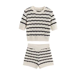 2024 ZAR4 Summer New Women's Wear European and American Style Round Neck Short Sleeve Stripe Short Knitted Top and Shorts