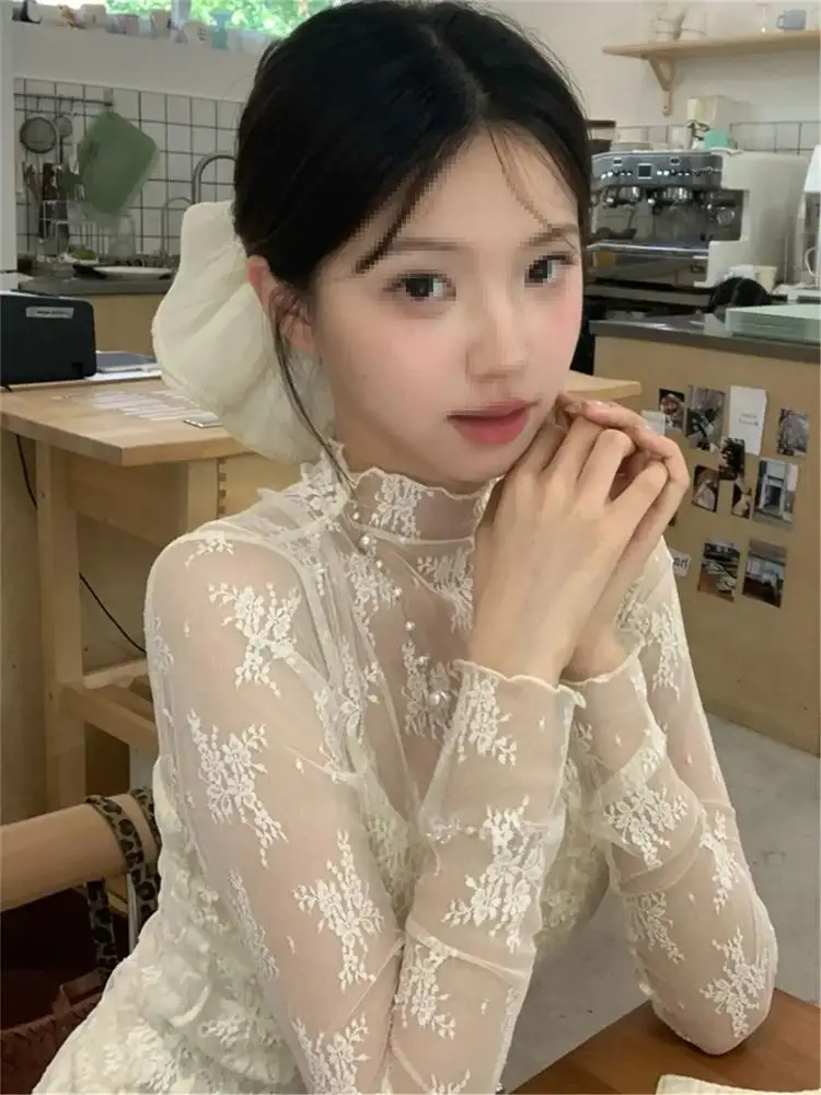 Korean Style Long Sleeve Lace Blouse Women's Base Shirt Mesh Underwear Top Fashionable Commute Style Slim Fit Half High Collar
