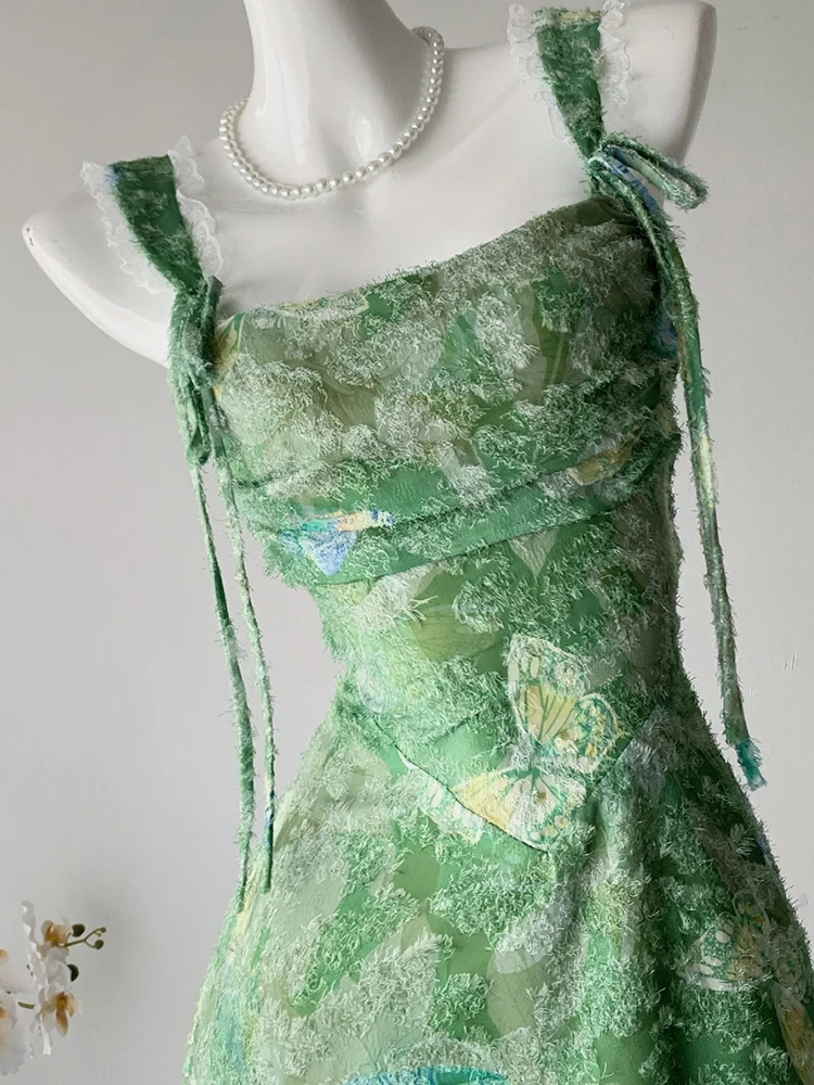 Summer Romantic Gyaru Mini Green Floral Lace Backless Mini Dress Women 2000s Frock One-Piece Coquette Ballet Core French Vintage